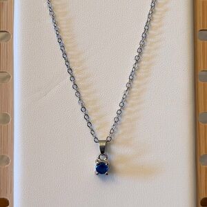 Simulated Sapphire Blue Crystal Pendant Necklace, Silver Tone, NWOT.
